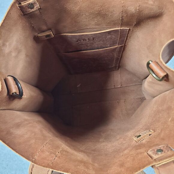 Able Brown Genuine Leather North South Tote Bag With Long Strap - Picture 7 of 12